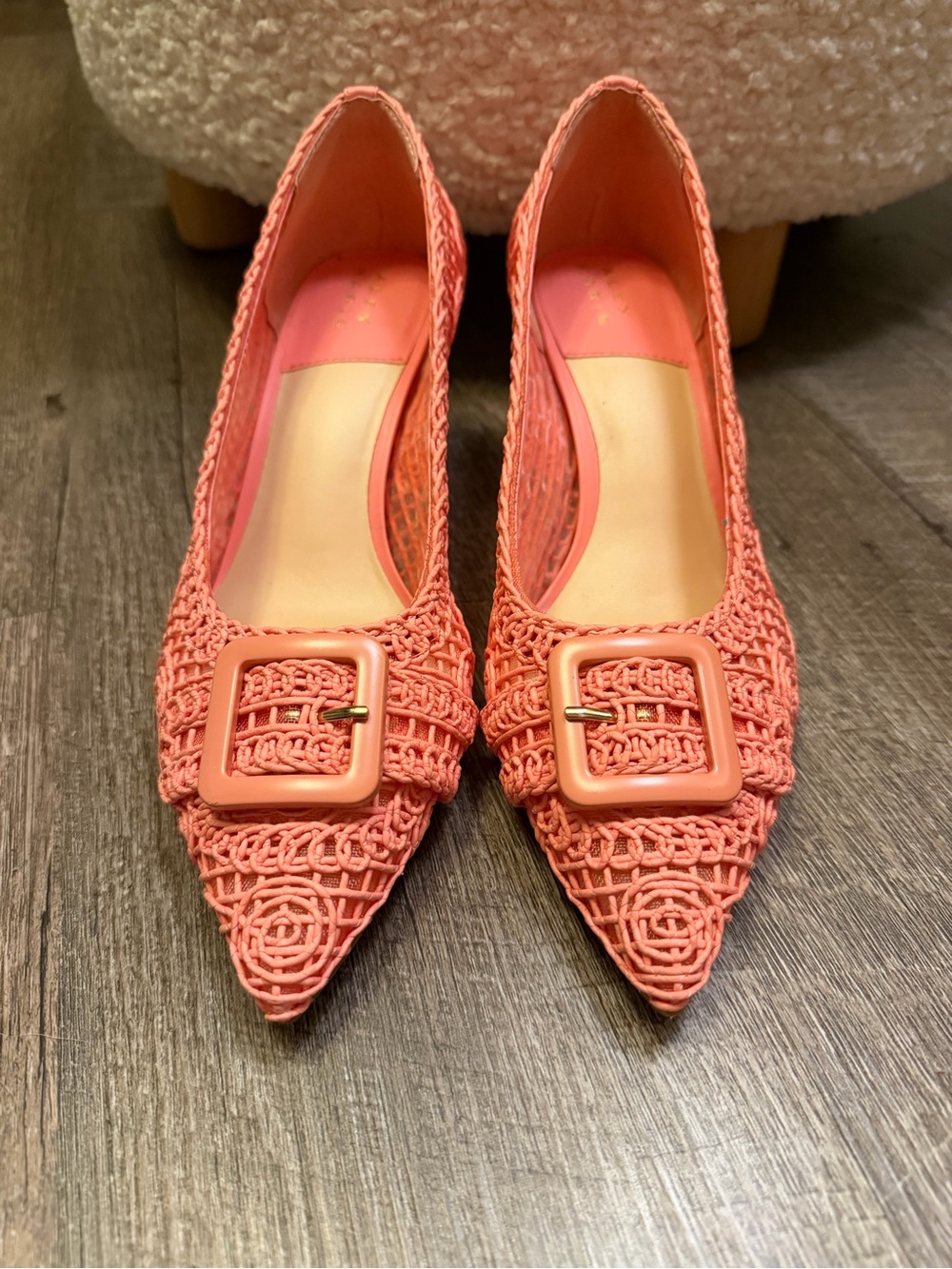 Alex Marie Coral Woven Crochet Pointed Toe Buckle Heels Pumps 7.5 NWOT